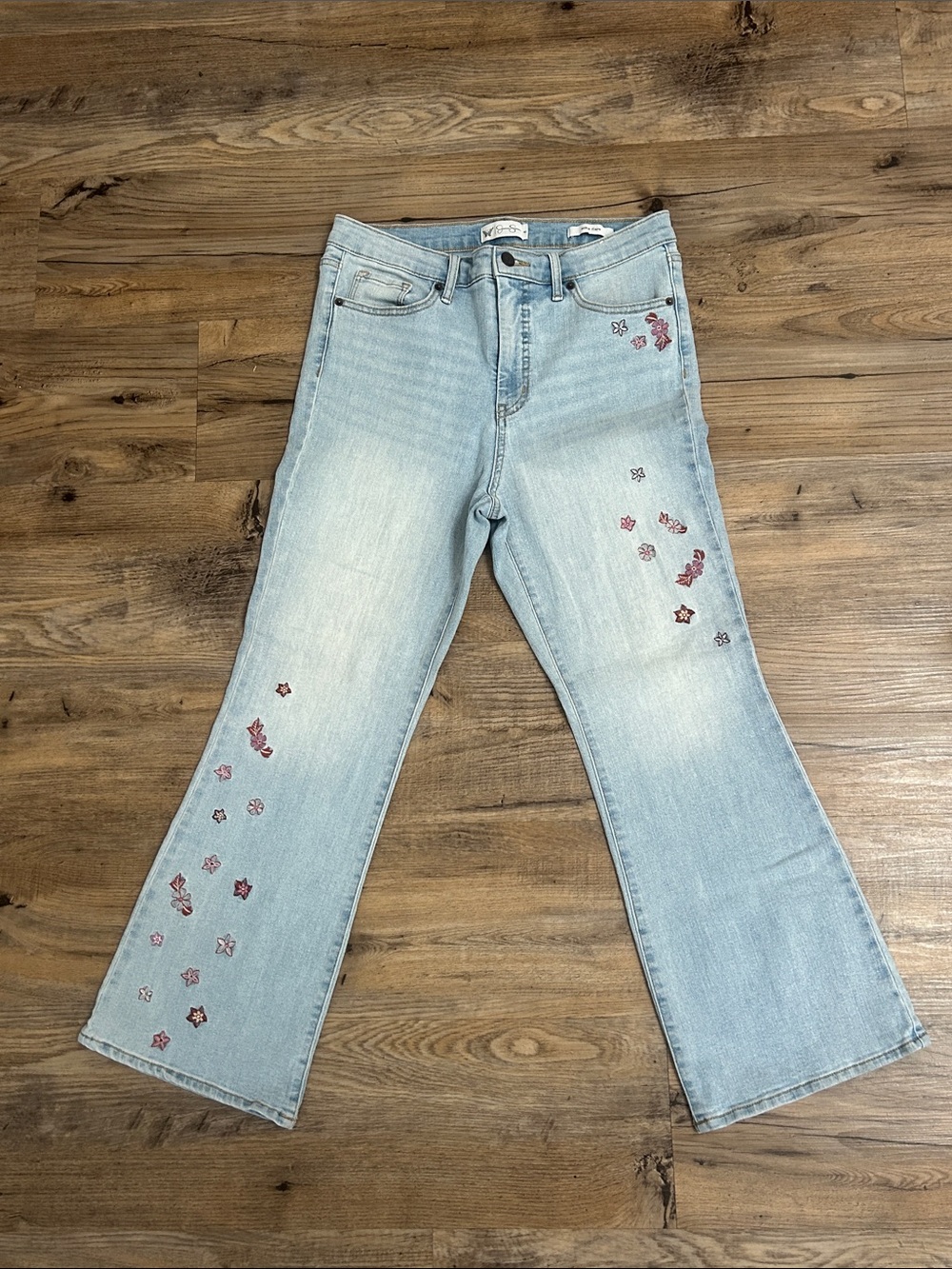 Jessica Simpson Light Wash Ankle-Flare Jeans with Pink Floral Embroidery